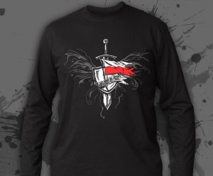 Czarny Longsleeve z nadrukiem - Poland First to Fight! (Miecz i Tarcza)